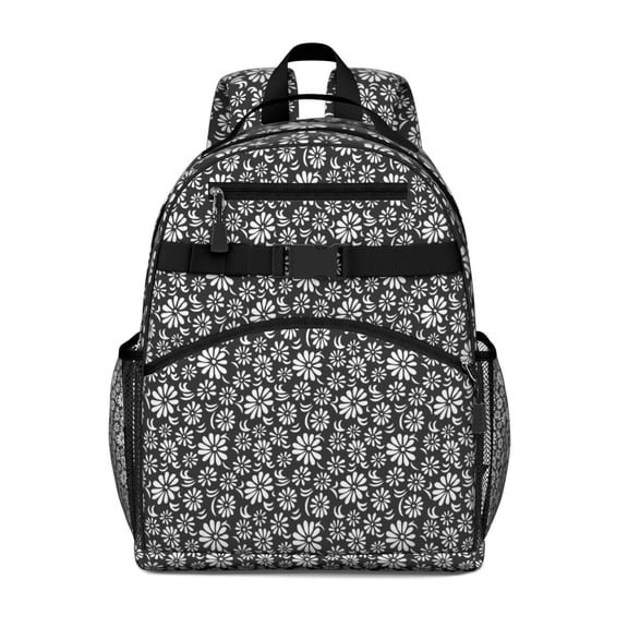 Black Daisy Flower White Blooms Pattern Backpack for School,Cute School Bag,Schoolbag with Adjustable Shoulder Straps & Padded Back,15.25"x11.5"x5.25"