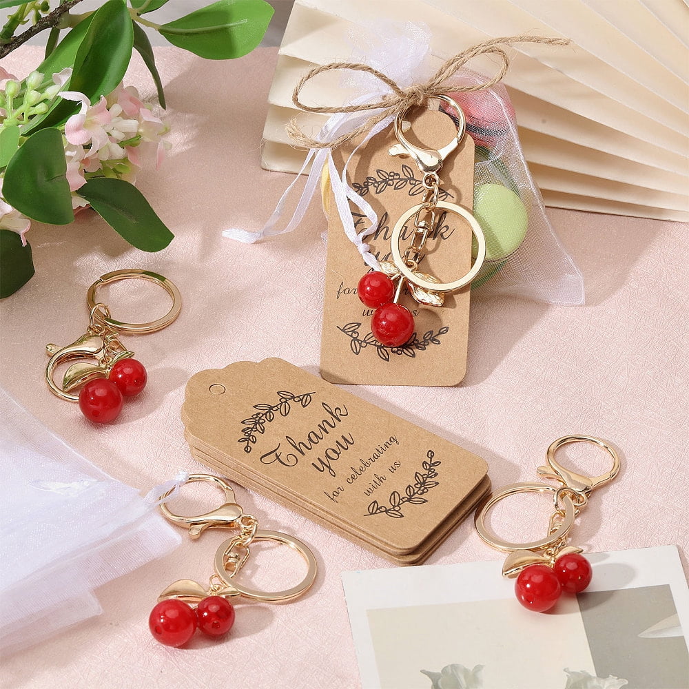 Zinc Alloy Resin Cherry Keychains with Jute Cord Kraft Paper Price Tag Organza Bags Golden Mixed Color 92.5mm DIY