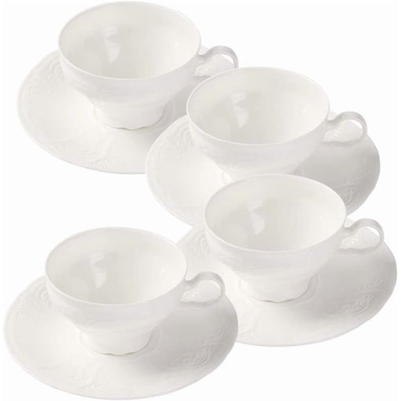 White Fine Porcelain 7 Oz Teacup Saucer Set, Sculpture Surface, Light Weight, Set of Four