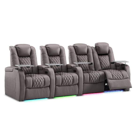 Weilianda Luxury Series Home Theater & Gaming Seating - Power Recliner Set,Top Grain Leather,Dual Electric Headrests,Tray Table,Type-C USB Ports,Row of 4,Loveseat right,Gray