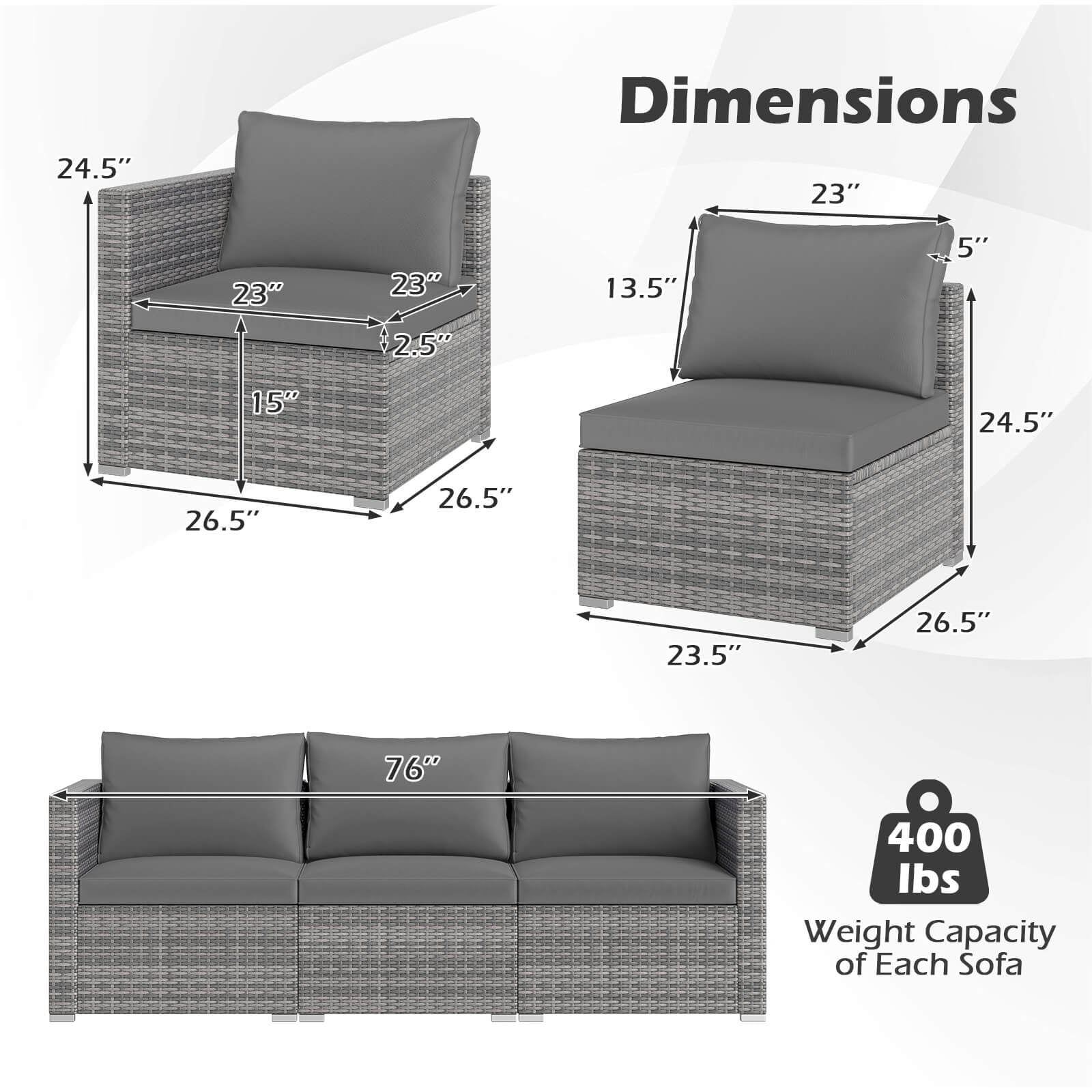 Costway 3PCS Patio Sectional Sofa Set, PE Rattan Modular Couch Furniture Set with Cushions Gray + Mix Gray