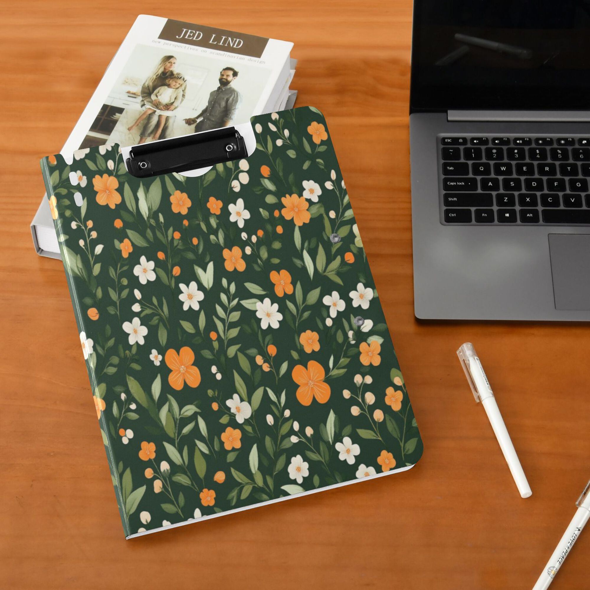 FORMRS A4 Clipboard Folder with Pen Holder Horizontal Foldable School Office Binder, Orange Flowers