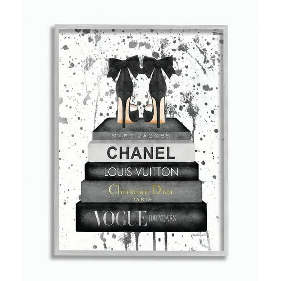 Stupell Industries Glam Fashion Book Stack Grey Bow Pump Heels Ink Graphic Art Gray Framed Art Print Wall Art, 16x20, by Amanda Greenwood