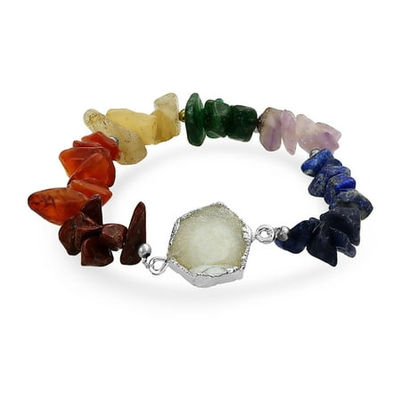 Gemstone Bracelet - Boho Organic Druzy Agate Multi Gemstone Chip Chakra Bracelet For Women Silver Tone Metal