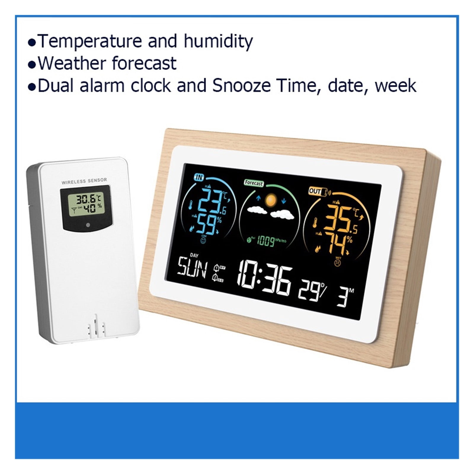 Weather Station with Dual-Alarms Clock Temperature & Humidity Meter Multifunctional VA Large Color