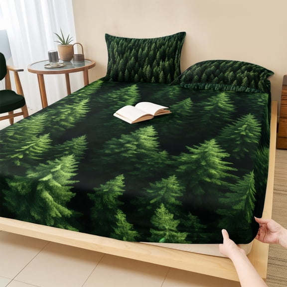 Full Size Fitted Sheet Set - Green Forest 3 Piece Bedding Sets 16" Deep Pocket Fitted Sheet with 2 Pillowcases Pine Trees Modern Mysterious Art Brushed Microfiber Hotel Luxury Bed Sheets