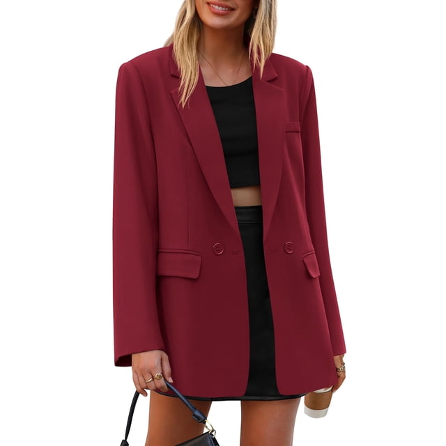 Blazer PRETTYGARDEN Burdeos Talle M Doble Botonadura con Bolsillos