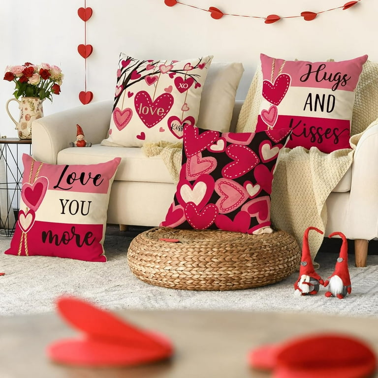 Valentine''s Day Hugs and Kisses Love You More Pink Throw Pillow