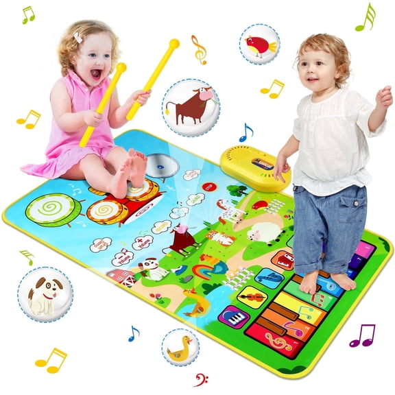 Vanmor Musical Mat for Kids, Musical Toys Child Floor Piano Keyboard and Drum Mat Carpet with 2 Sticks, Animal Blanket Touch Play Mat Pads , Christmas Birthday Gifts for Girls Boys