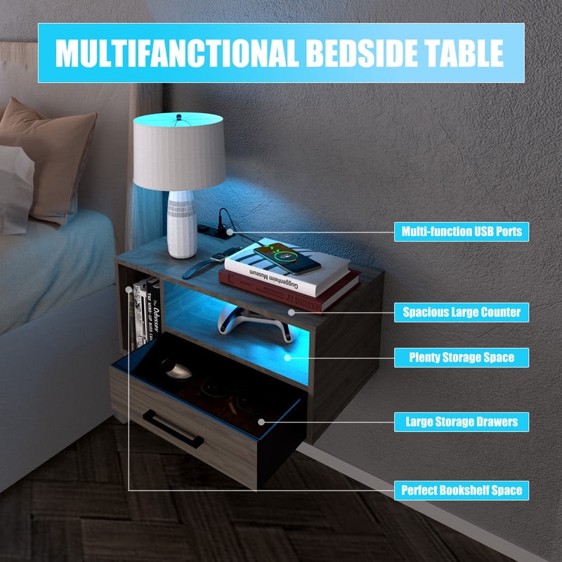 LED Nightstand with Remote Control 26.8” Modern Floating Nightstand with USB Port and Outlet for Bedroom, Light Brown