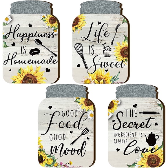 Lieonvis Juego de 4 Tarros de Cocina Wall Decor Mason de Madera Rústica para el Hogar Decor Cocina Campestre Decor Decoraciones Rústicas de Granja Tarro Mason Placa Colgante Wall, 6 x 4 Pulgadas (Girasol)