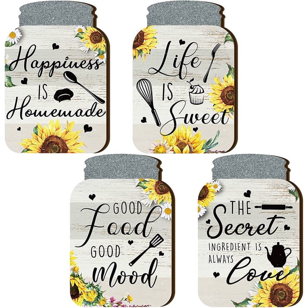 Lieonvis Juego de 4 Tarros de Cocina Wall Decor Mason de Madera Rústica para el Hogar Decor Cocina Campestre Decor Decoraciones Rústicas de Granja Tarro Mason Placa Colgante Wall, 6 x 4 Pulgadas (Girasol)