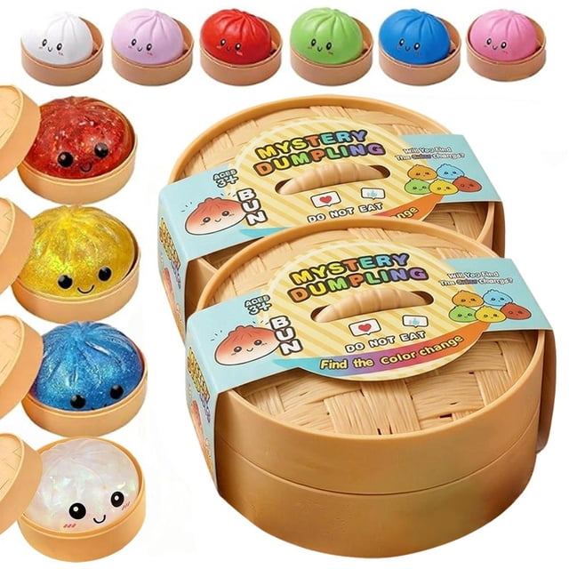 Mystery Dumpling Squishy Box,10 Colors Random Sent Slow Rising Glitter Squishies Dumpling Toy,Bun Bao Stress Balls Fidget Sensory Toy with Food Steamer Stretchy Surprise Toys for Teens Adults