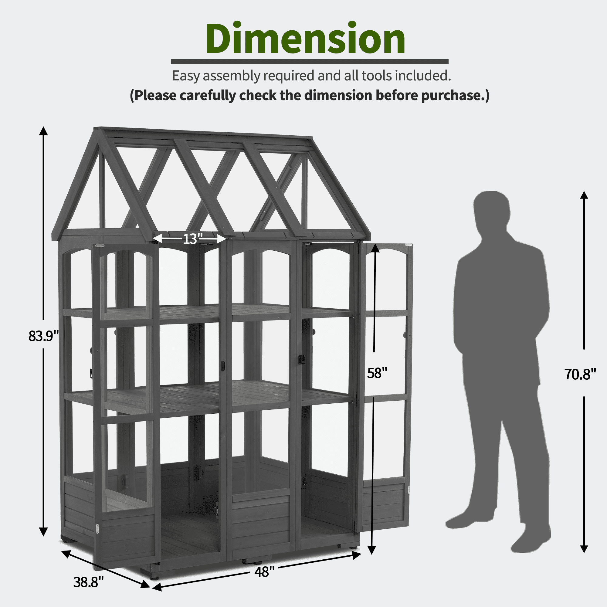 MCombo Wooden Greenhouse, Outdoor Greenhouse with Adjustable Roof Vent and 8 Lockable Door for Backyard/Outdoor Use, 48" x 38.8" x 83.9" , 0851