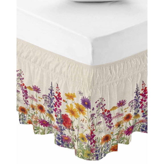 Spring Floral Bed Skirt Queen Size 18 Inch Drop, Wrap Around Bed Skirts, Watercolor Lavender Daisy Flowers Plants Beige Elastic Bedskirt Pleated Bed Frame Cover Luxurious Dust Ruffle for Queen Bed