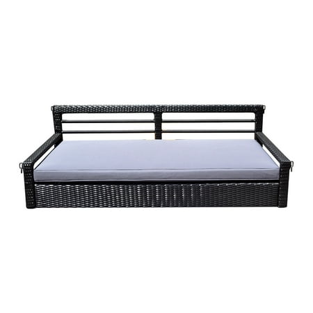 Round Wicker Porch Swing Bed Style 19 Black 78'' Patio Porch Swing Bed Chair Resin Wicker Tree Ceiling Hanger Hanging W/Chains ()