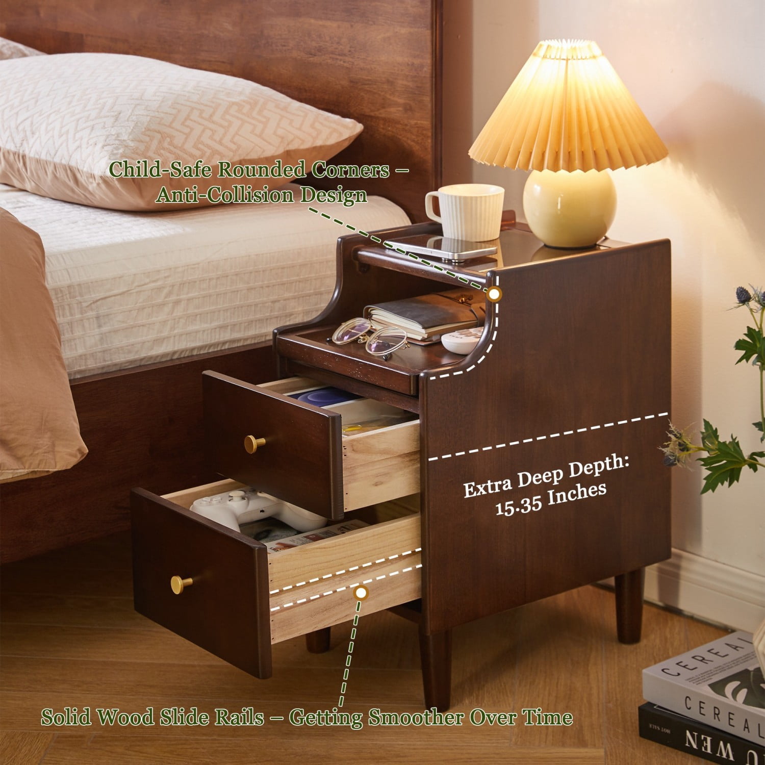 Solid Wood Nightstand with 2 Drawers and Pull-Out Panel Storage, Modern Bedside Table with Open Shelf, Sofa Side Table End Table for Bedroom Living Room, Brown