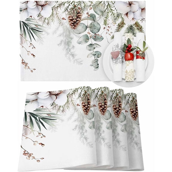 Christmas Placemats Set of 6 Pine Tree Branch Christmas Placemats for Dining Table Pine Cones Plant Leaf Table Mat Winter Holiday Home Party Kitchen Table Decorations