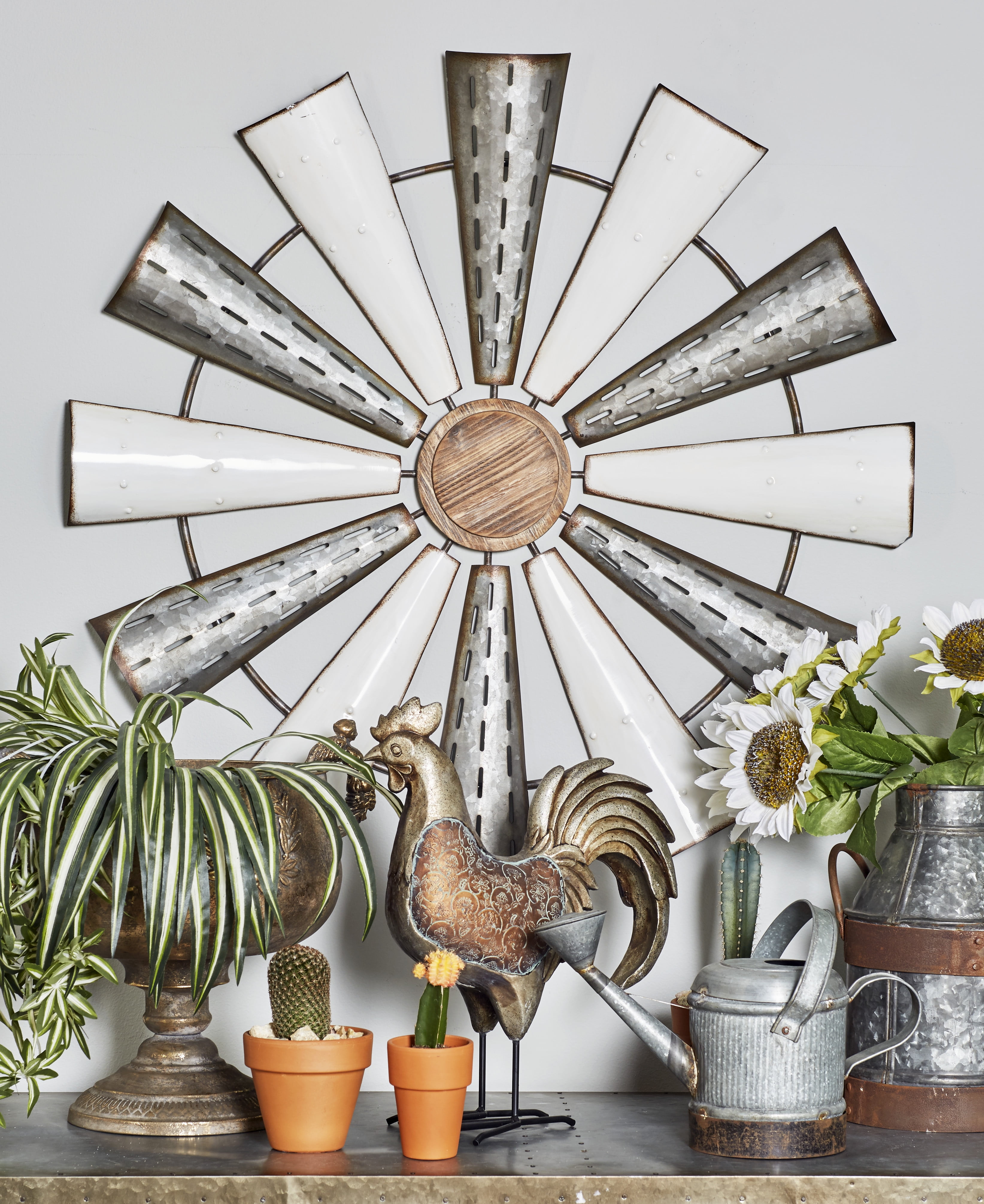 DecMode Round White Metal and Wood Pinwheel Wall Decor, 31