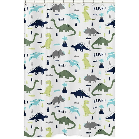 Sweet Jojo Designs Mod Dinosaur Navy Blue, Turquoise, Lime Green, Olive Green, Grey and White Fabric Shower Curtain 72x72