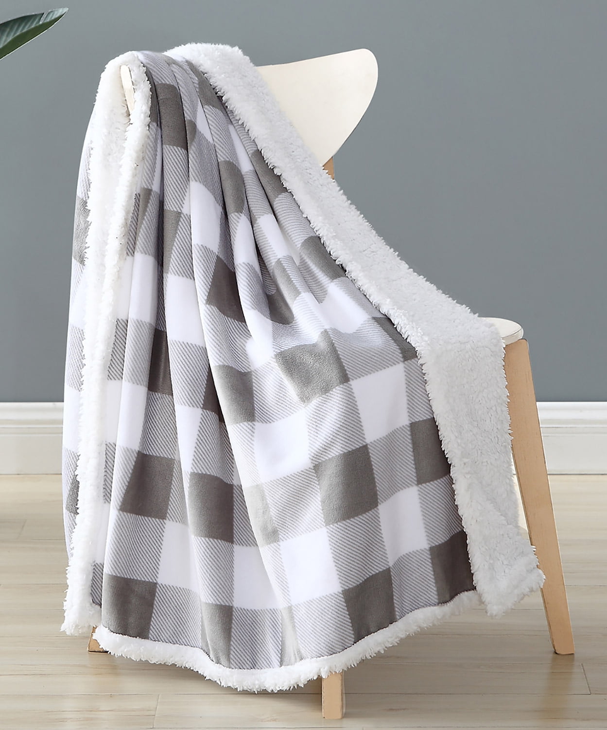 Buffalo Check FlannelSherpa Throw Blanket, Grey, 50x60 Inches