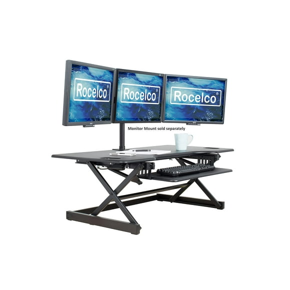 Rocelco 46" Large Height Adjustable Standing Desk Converter - Quick Sit Stand Up Triple Monitor Riser - Gas Spring Assist Computer Workstation - Retractable Keyboard Tray - Black (R D