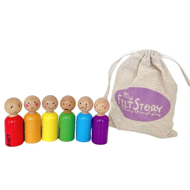 Mi historia de fieltro 6 Feeling Peg Dolls Rainbow Wood Aprendizaje social/emocional Montessori Reggio Preescolar Emoción Figuras de personas