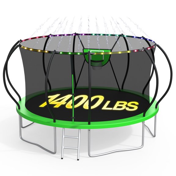 XMIKA 1400LBS Trampoline for Kids and Adults, 8 FT 10FT 12FT 16FT 14FT Trampolines with Enclosure Net, Basketball Hoop, Light, Sprinkler, Outdoor Backyard Heavy Duty Trampoline, Curved Design