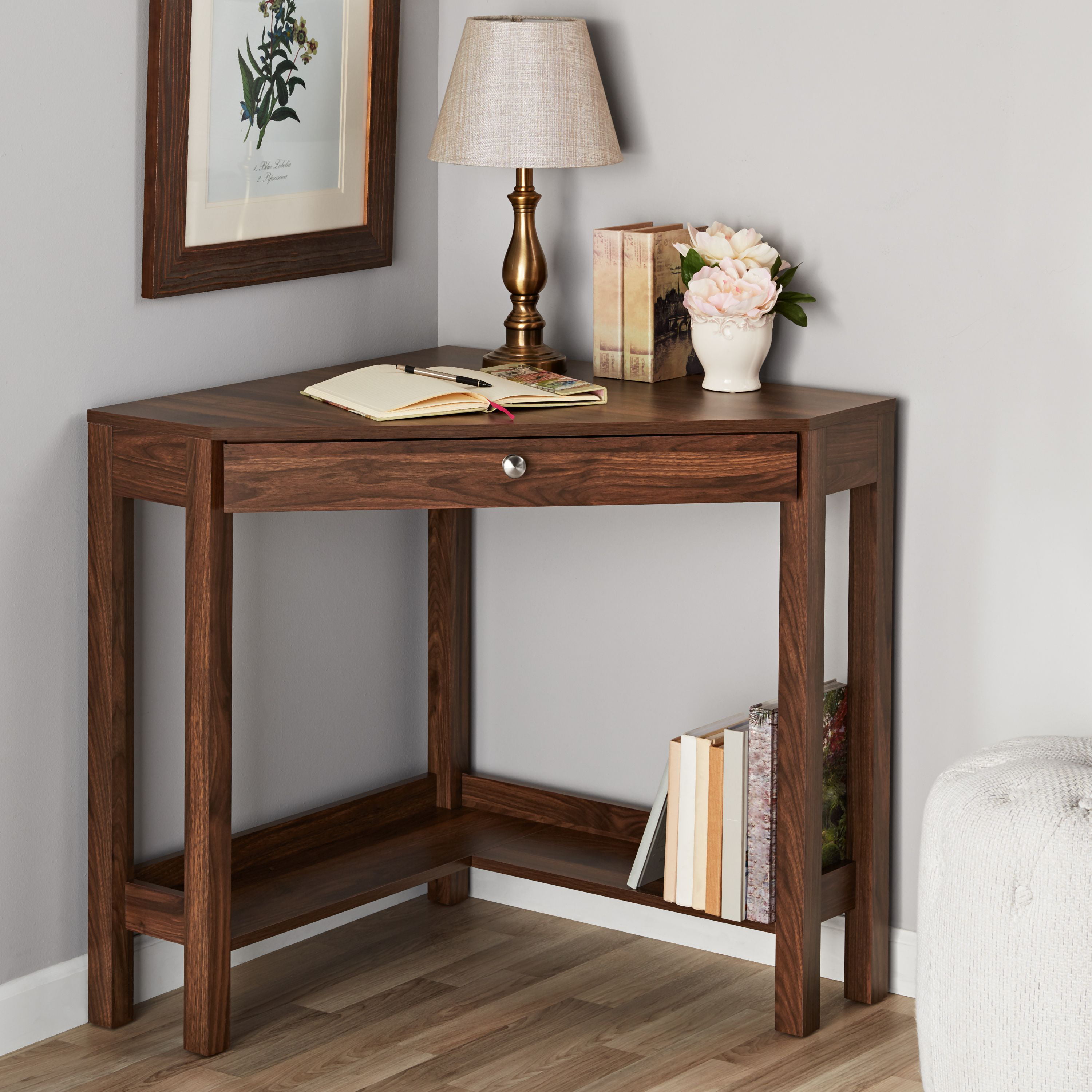 Mainstays Corner Writing Desk With Drawer And Lower Shelf Brown