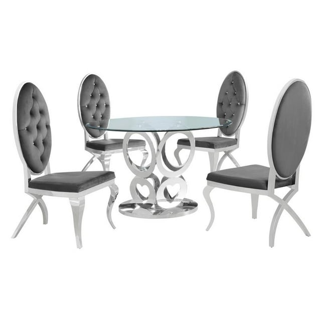Ensemble de Salle à Manger 5 Pièces en Acier Inoxydable avec Table Ronde en Verre Clair