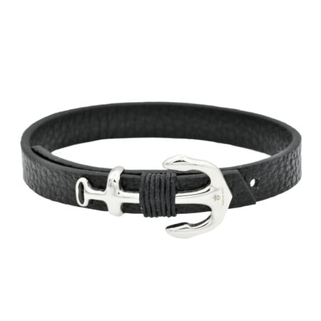 Arista Men's Anchor Bracelet with Adjustable Strap in Black Leather Stainless Steel, 8.5"