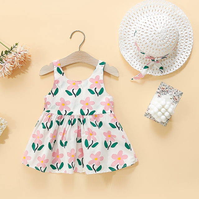 Robe pour Nourrisson Sans Manches Robe Tutu pour Bébé Robe d'Été pour Fille avec Chapeaux Deux Pièces Robe de Printemps pour Bébé Fille 100/10