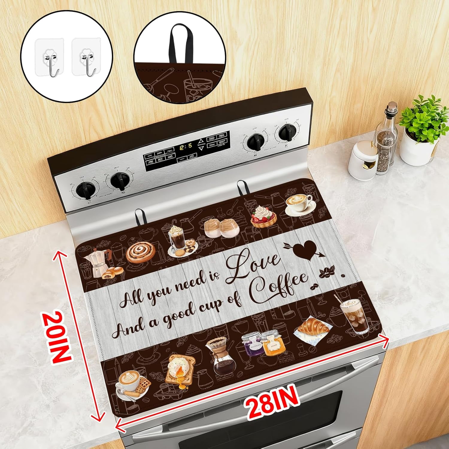 Coffee Stove Top Cover for Electric Stove, Coffee Ceramic Stove top Cover, Heat Resistant Glass Cooktop Cover, Flat RV Range Stovetop Protector, Dish Drying Mat for Kitchen, 28"x20"