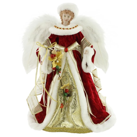Windy Hill Collection 16" Inch Standing Red Floral Angel Christmas Tree Topper or Table Top 416570