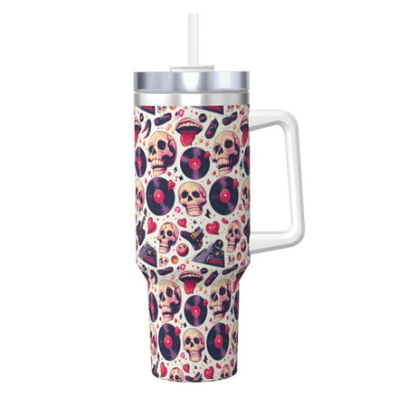 

Goofa Skull lips record Guitar Print 40oz Ice Bully With Handle And Straw Stainless Steel Vacuum Insulated Cup And 2 In 1 Straw Lid