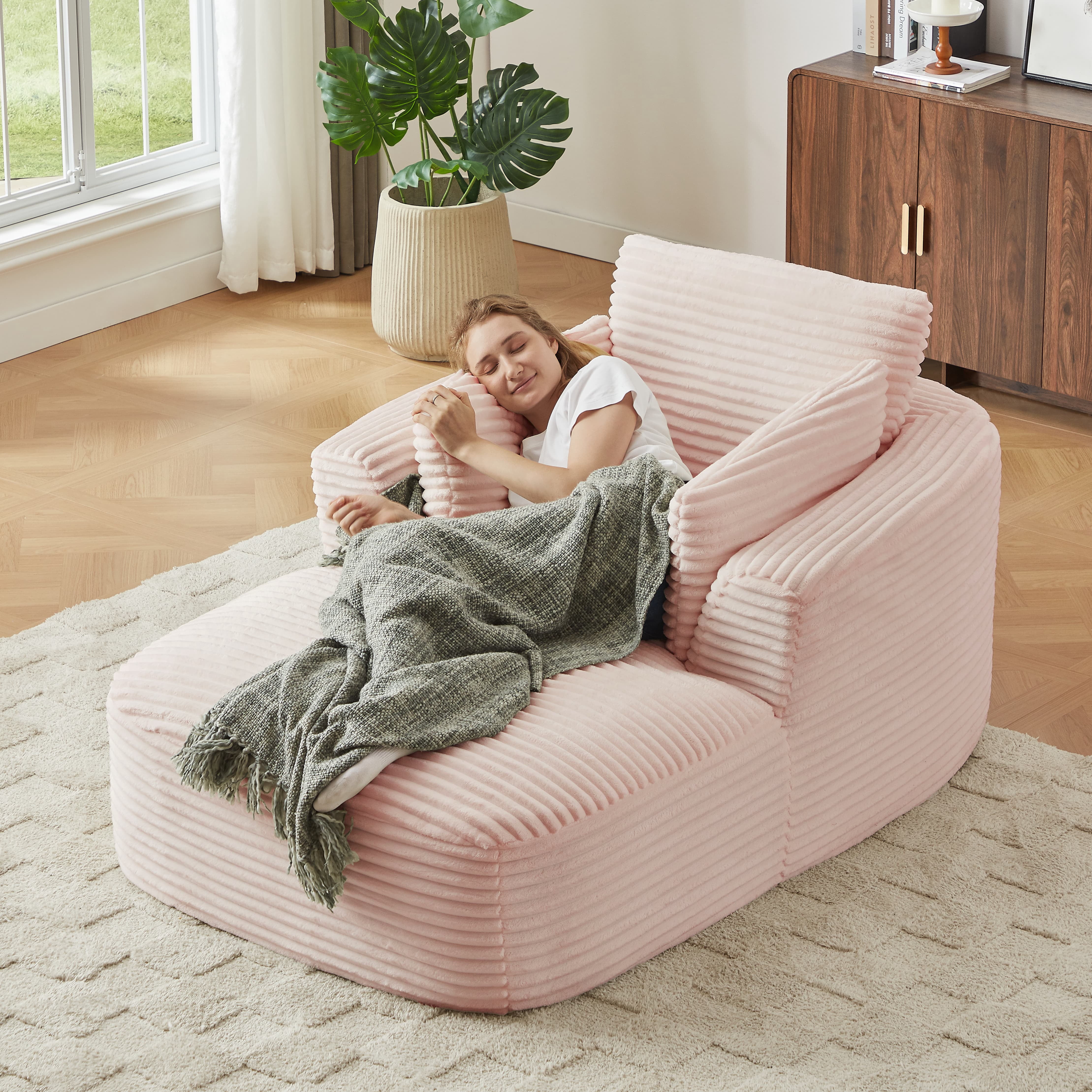 MAYEERTY Oversized Corduroy Chaise Lounge Sofa, Modern Couch with Spring Cushion for Apartment, 45*65*36"Pink