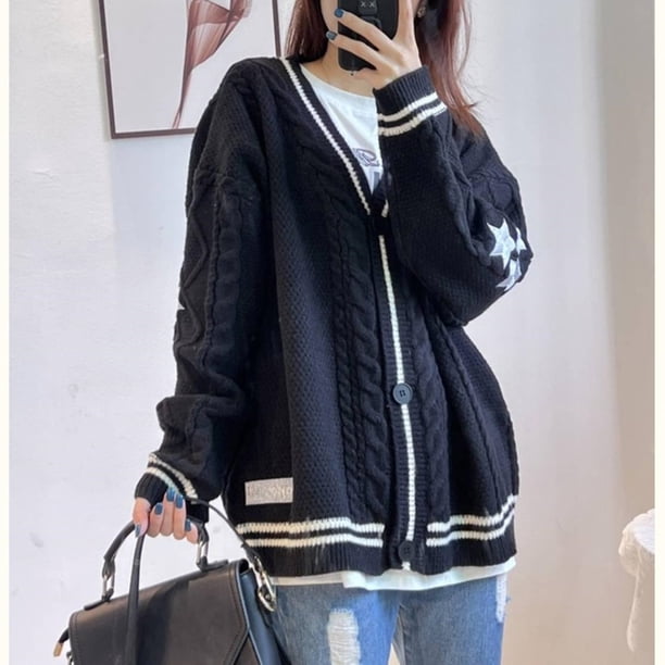 Cárdigans de punto sueltos para mujer, abrigo bordado de estrellas, suéteres Y2K, ropa de calle Vintage, Top de manga larga informal de un solo pecho, Invierno