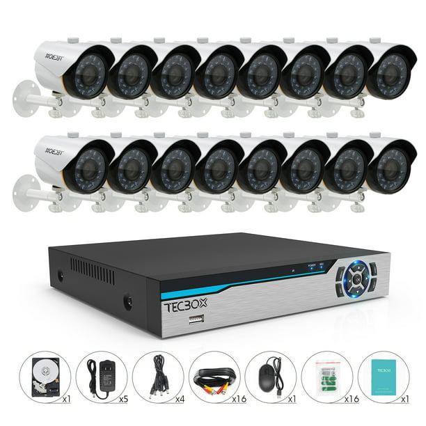 TECBOX 16 CH Wired Home Surveillance Camera System AHD 720P Outdoor Night Vision Cameras Remote