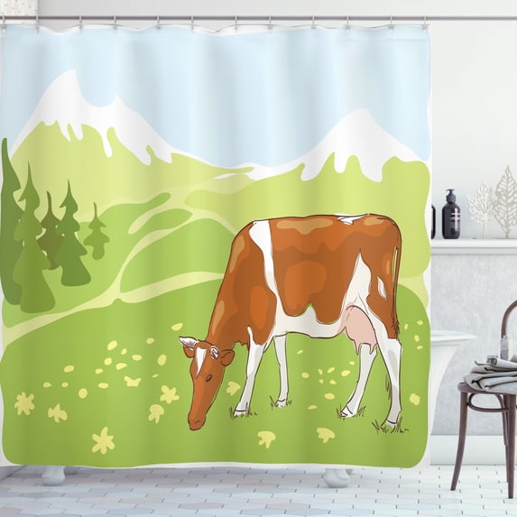 Cattle Shower Curtain, Stylized Sketch Cow Eating Grass on the Alpine Meadow with Nature Forest Background, Fabric Bathroom Set with Hooks, 69W X 70L Inches, Multicolor, by Ambesonne