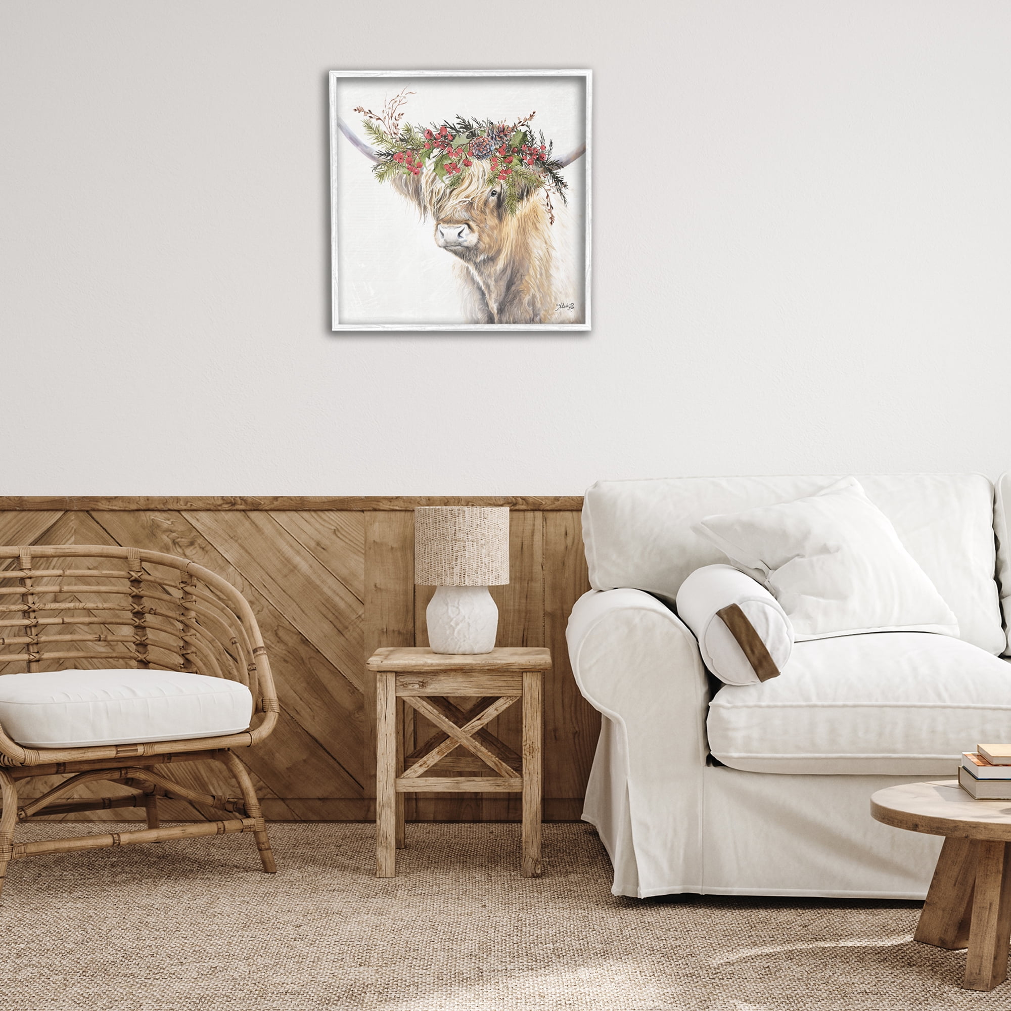 Stupell Industries Cattle with Seasonal Berries Animals & Insects Painting White Framed Art Print Wall Art, 24 x 24