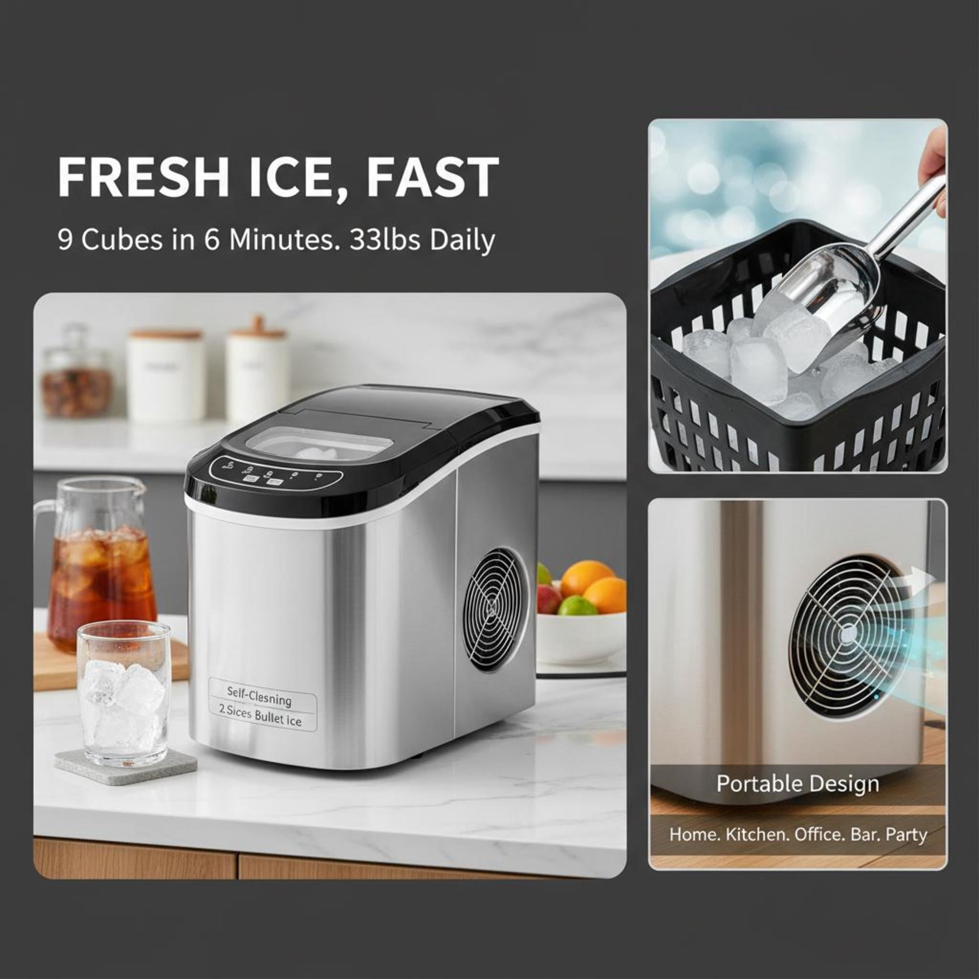 Countertop Bullet Ice Maker, 33 lbs/24H Portable Ice Machine, 9 Cubes Ready in 6 Mins, 2 Ice Sizes, Self-Cleaning Ice Maker with Scoop & Basket, Quiet ≤45dB for Home Kitchen Office Bar Party