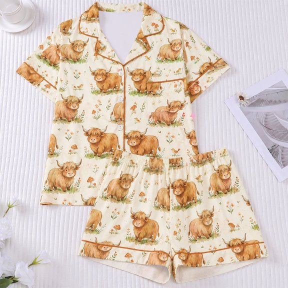 Womens Cute Print Pajama Set Short Sleeve Top with Shorts Lightweight Nightwear