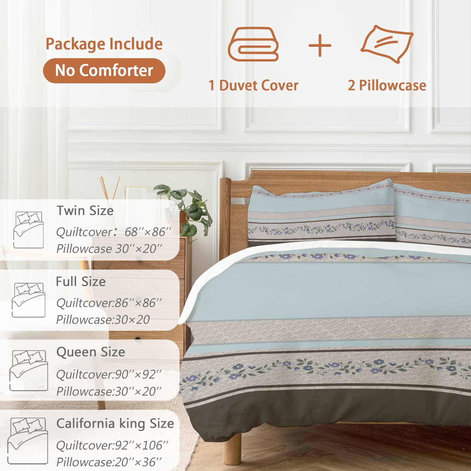 Aqua Floral Bedding 3 Piece Duvet Cover Set Twin Size, Modern Farmhouse Leaves Brown Striped Soft Microfiber Comforter Cover with Zipper Closure & Pillowcases, Wrinkle & FadeResistant Quilt Cover