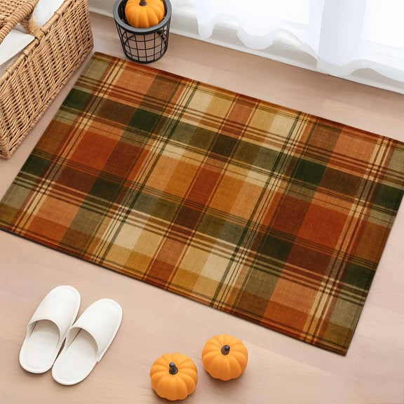 2x3 Washable Area Rugs,Vintage Fall Brown Lattice Plaid Non-Slip Soft Rug Large Indoor Carpet,Autumn Buffalo Check Linen Floor Rugs for Home Living Room Bedroom Dining Room Office