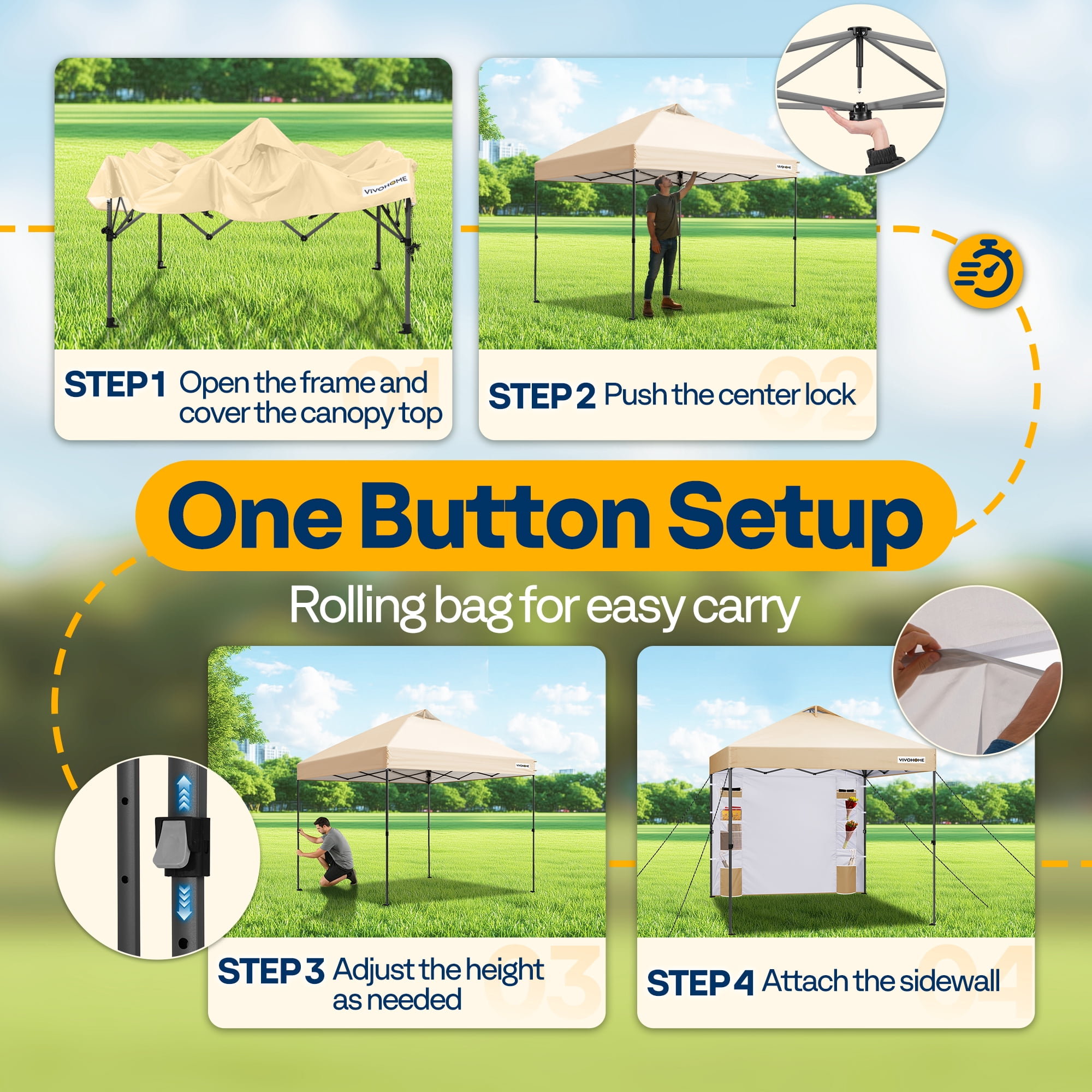 SPECSTAR 10'x10' Pop-up Canopy, One Push Set-up Tent with 1 Sidewall for outside, Beige