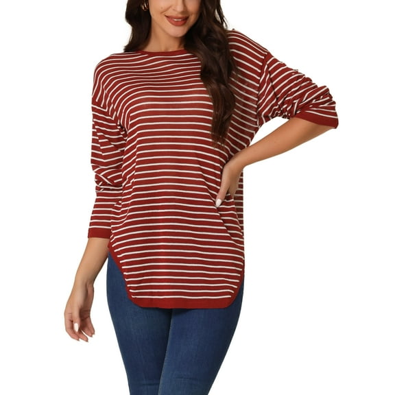 INSPIRE CHIC Women's Casual Long Sleeve Back Split Striped Curved Hem Knit Pullover Sweater M Red