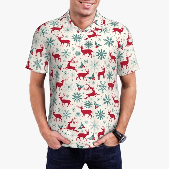 Hirioo Vintage Christmas Reindeer for Men’s Polo Shirts Quick Dry Short Sleeve Golf T Shirt Performance Moisture Wicking Casual Workout,Sizes S-4XL-Small