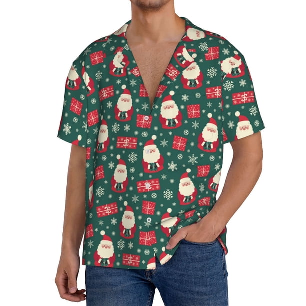 Balery Santa Claus Camisa Casual de Manga Corta con Botones para Hombre, Texturizada, Estilo Cubano, para Playa, Verano-Small