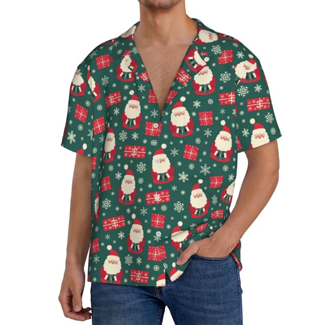 Balery Santa Claus Camisa Casual de Manga Corta con Botones para Hombre, Texturizada, Estilo Cubano, para Playa, Verano-Small