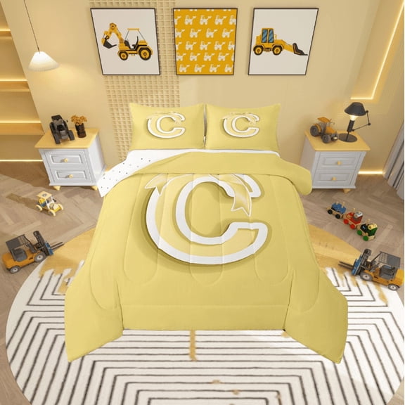 Erosebridal Yellow Bowknot Bedding Sets Twin with Comforter, Initial Letter C Duvet Insert, Cartoon Monogrammed Reversible Down Comforter, Breathable Bedroom Decorative, 2pcs